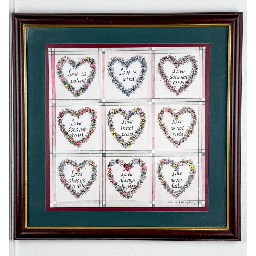 Vintage Framed  Love is Charles F. Humphrey Floral  Heart Print Wall Art 18x18